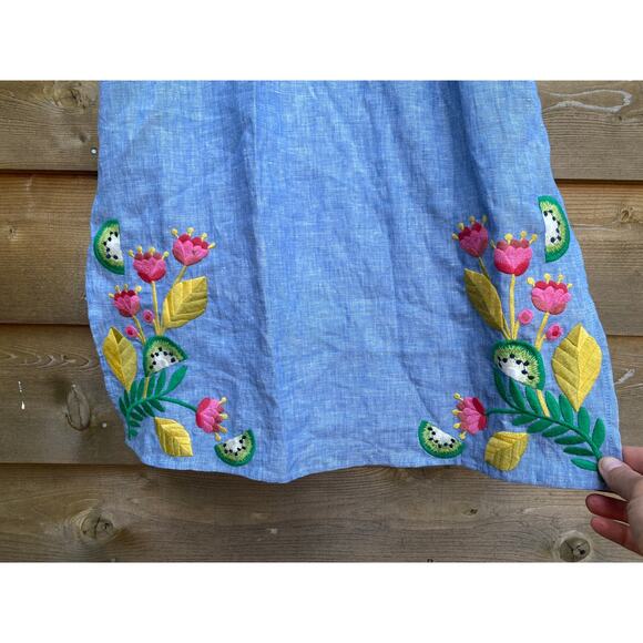 Boden blue chambray tropical bird embroidered linen midi dress - Picture 3 of 10